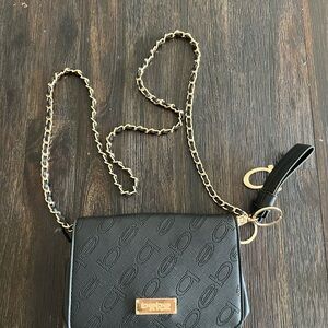 Bebe Embossed Black Crossbody with Gold Accents